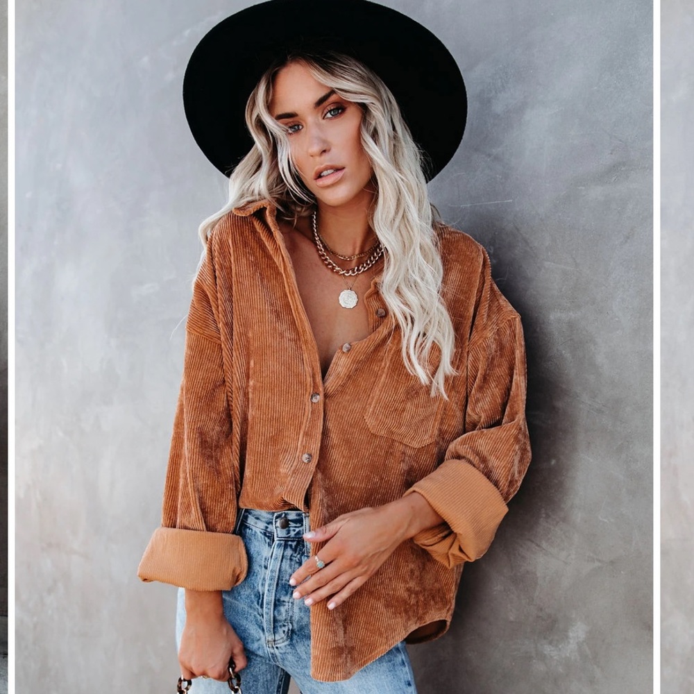 Kamryn Corduroy Button Down Pocket Top - Camel